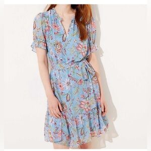 LOFT SHORT RUFFLE SLEEVE ELASTIC WAIST LIGHT BLUE FLORAL LINED DRESS SIZE XS
